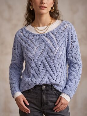 Miracle Chunky Open Crochet Knit Sweater Polo Blue Cozycore Hygge